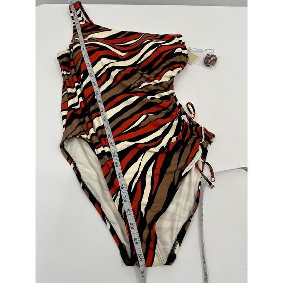 NWT Michael Kors MM8P021 826 Terracotta Zebra Print One-Shoulder Swimsuit 14 - Picture 8 of 10